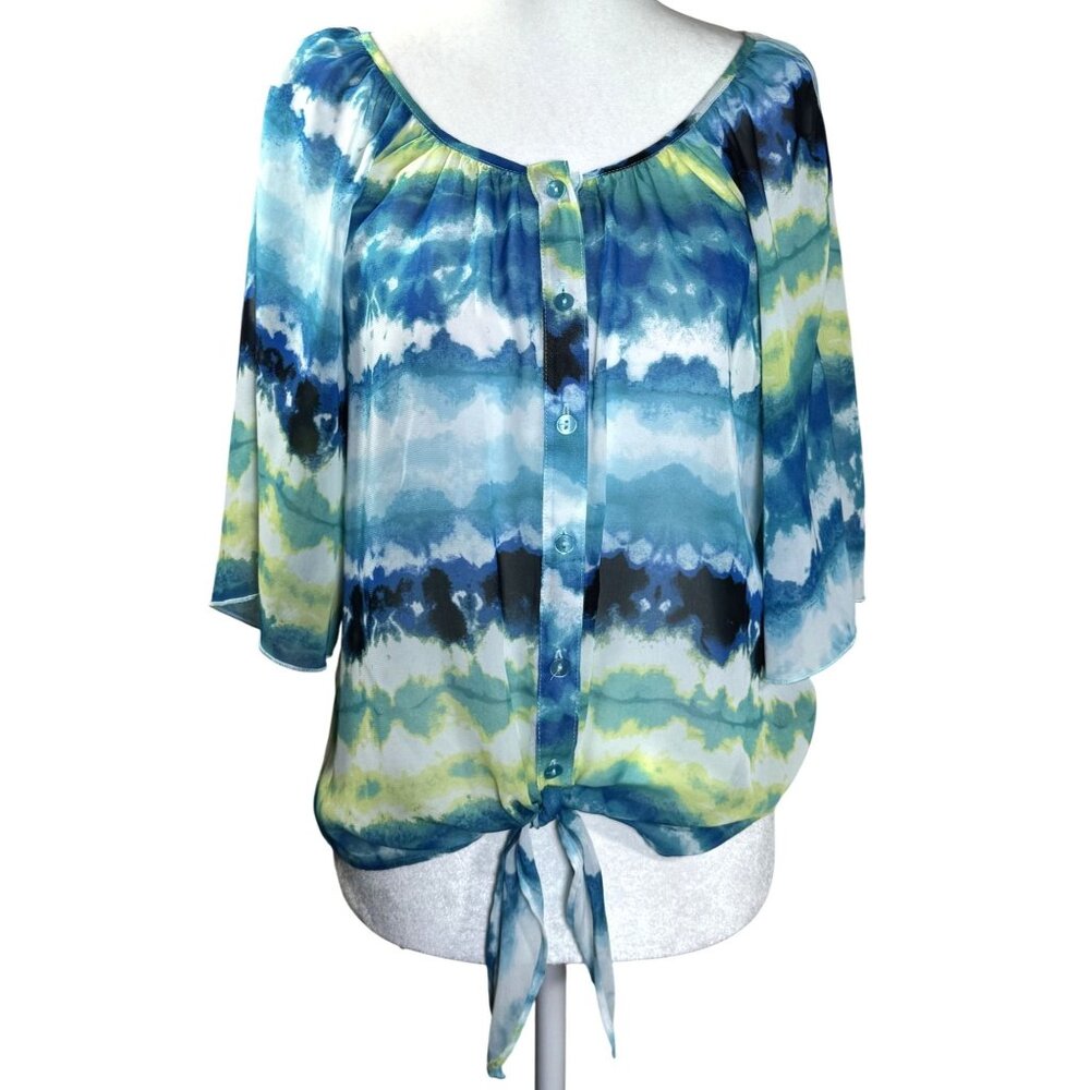 A Byer Womens Blouse Size M Blue Green Watercolor Tie-Front Sheer Open Sleeves